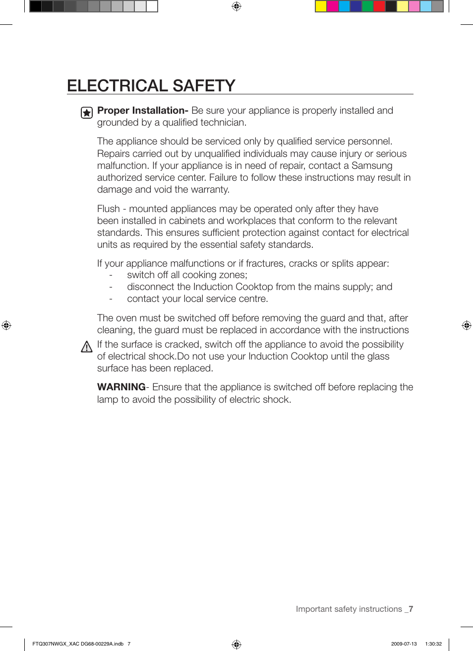 Electrical safety | Samsung FTQ307NWGX User Manual | Page 7 / 66