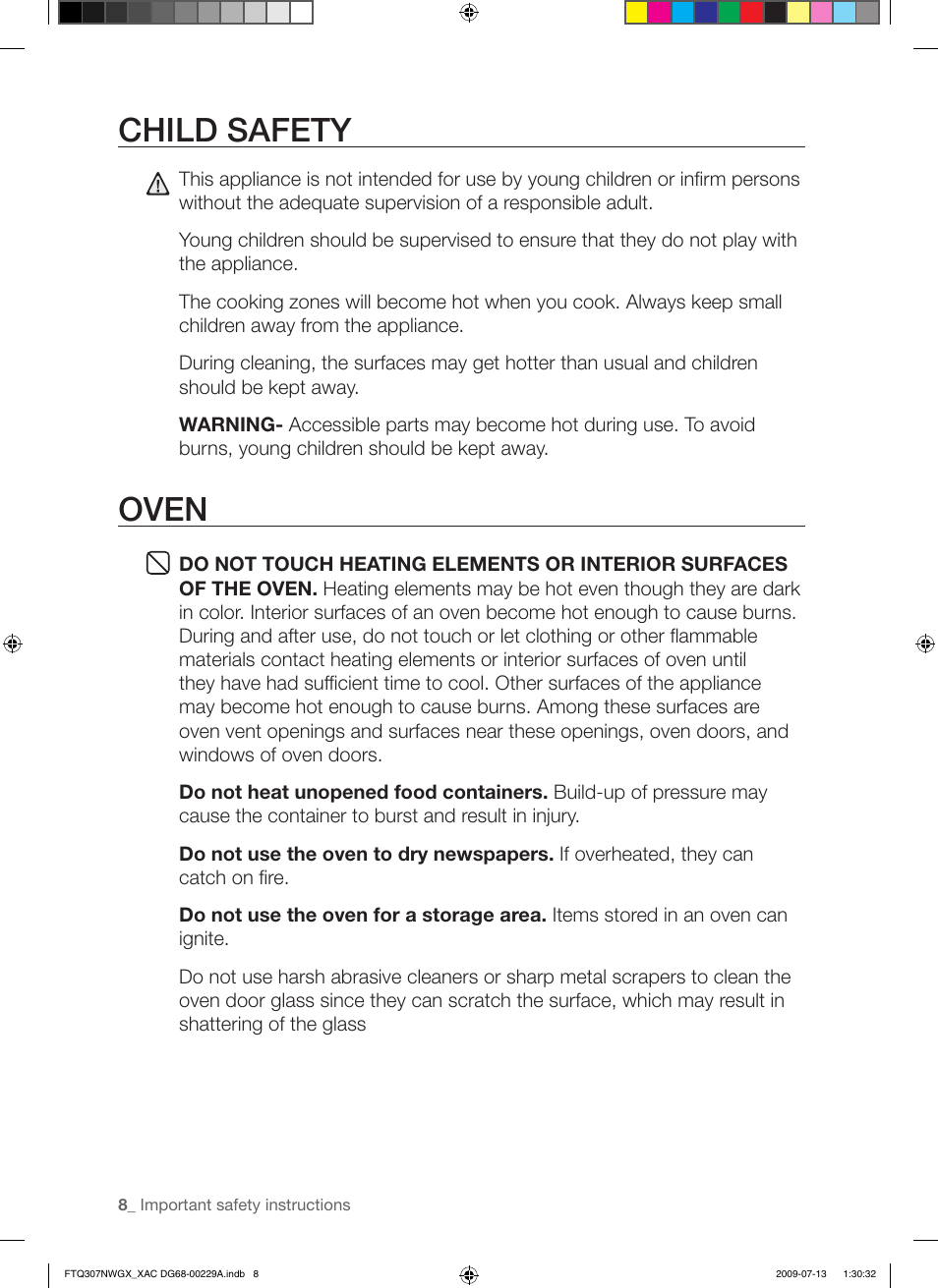 Child safety, Oven | Samsung FTQ307NWGX User Manual | Page 8 / 66