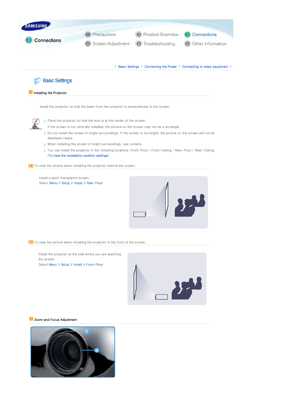 Connections, Basic settings | Samsung SP-A400B User Manual | Page 18 / 40