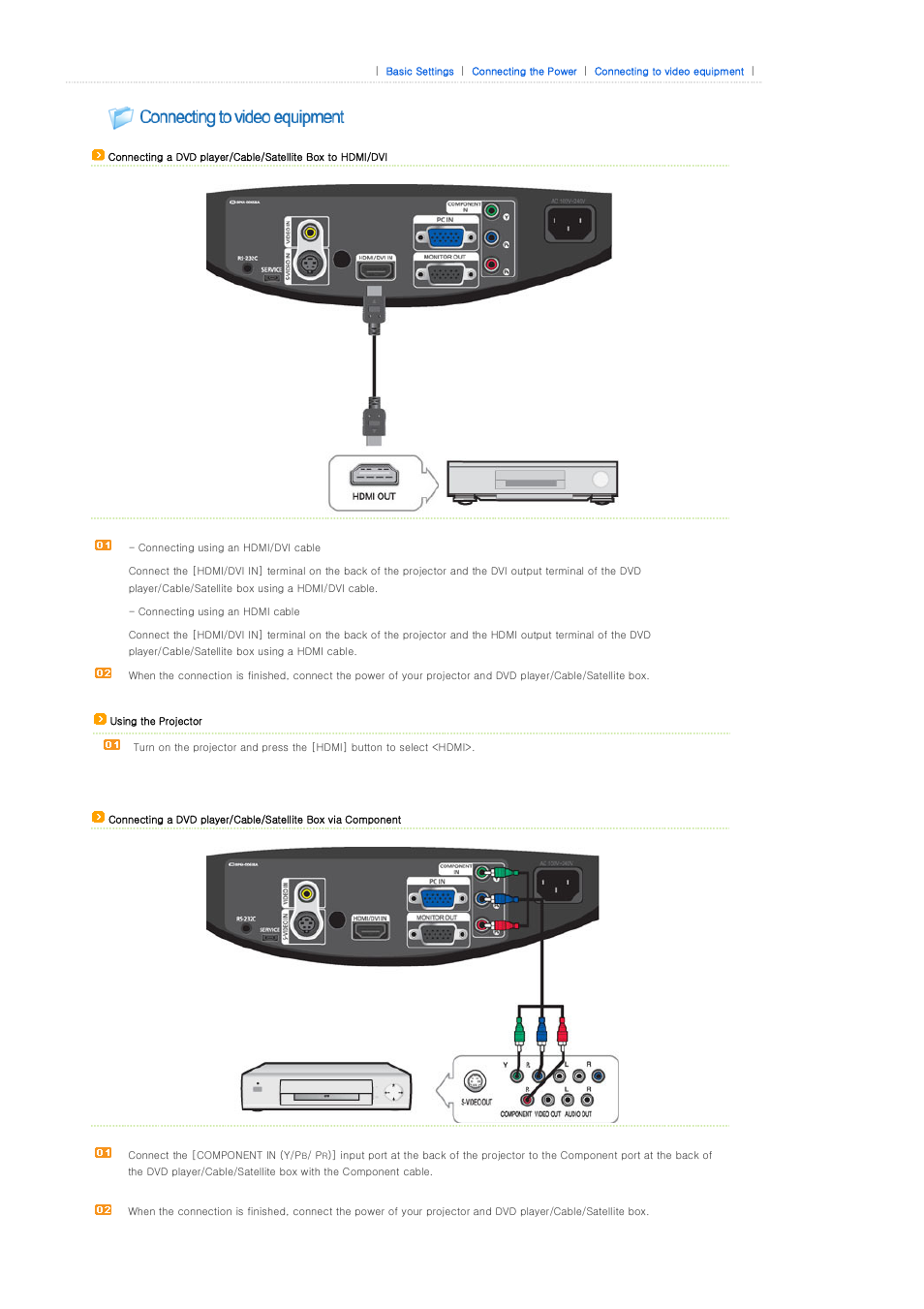 Connecting to video equipment | Samsung SP-A400B User Manual | Page 22 / 40