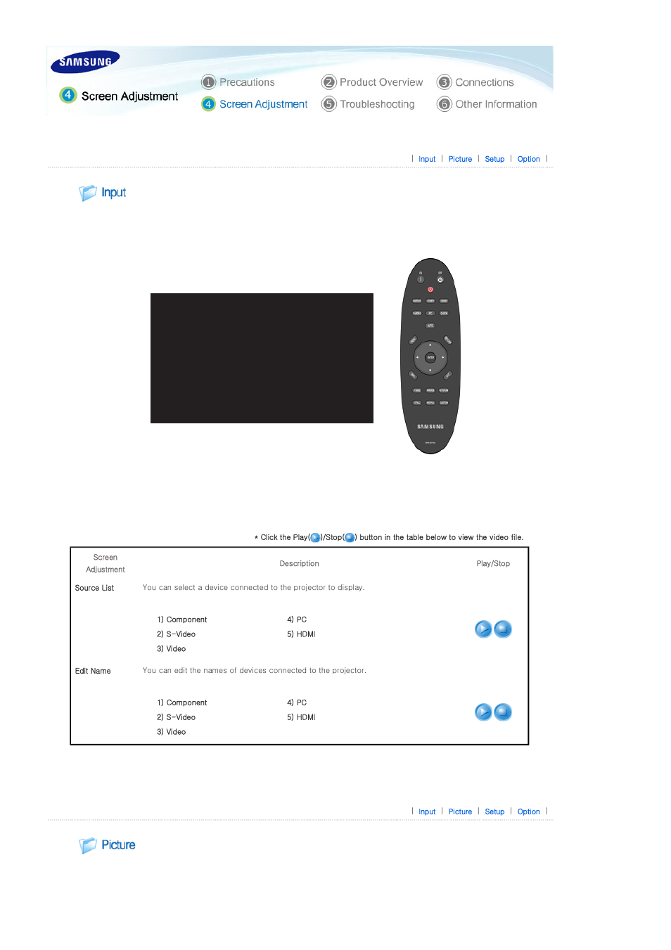 Screen adjustment, Input, Picture | Samsung SP-A400B User Manual | Page 26 / 40