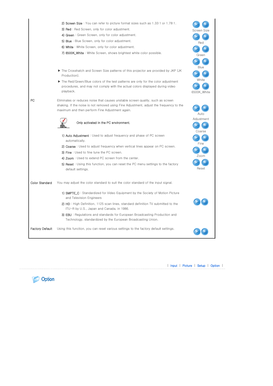 Option | Samsung SP-A400B User Manual | Page 30 / 40