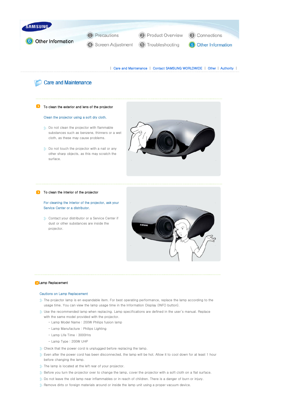 Other information, Care and maintenance | Samsung SP-A400B User Manual | Page 35 / 40
