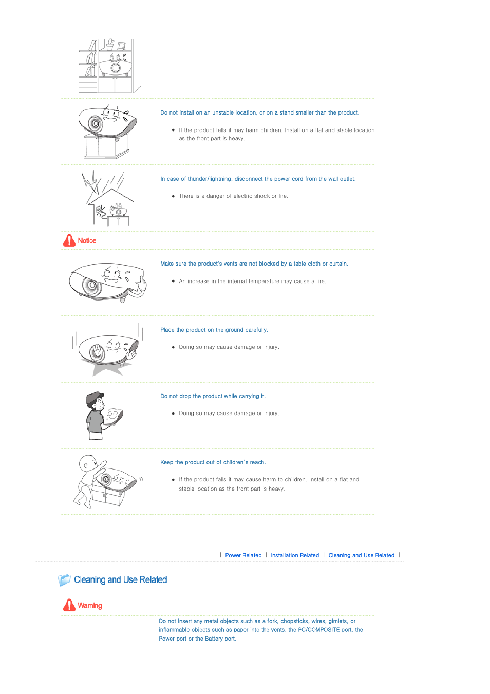 Cleaning and use related | Samsung SP-A400B User Manual | Page 4 / 40