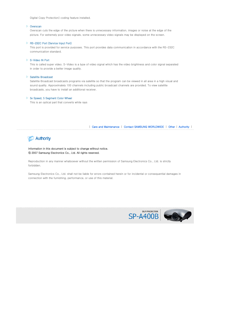 Authority | Samsung SP-A400B User Manual | Page 40 / 40