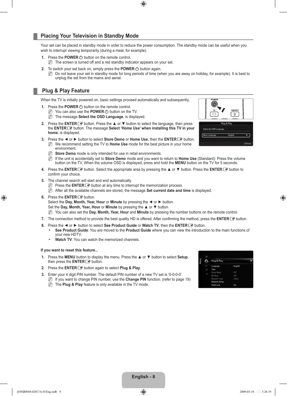 Placing your television in standby mode, Plug & play feature | Samsung BN68-02017A-01 User Manual | Page 10 / 83