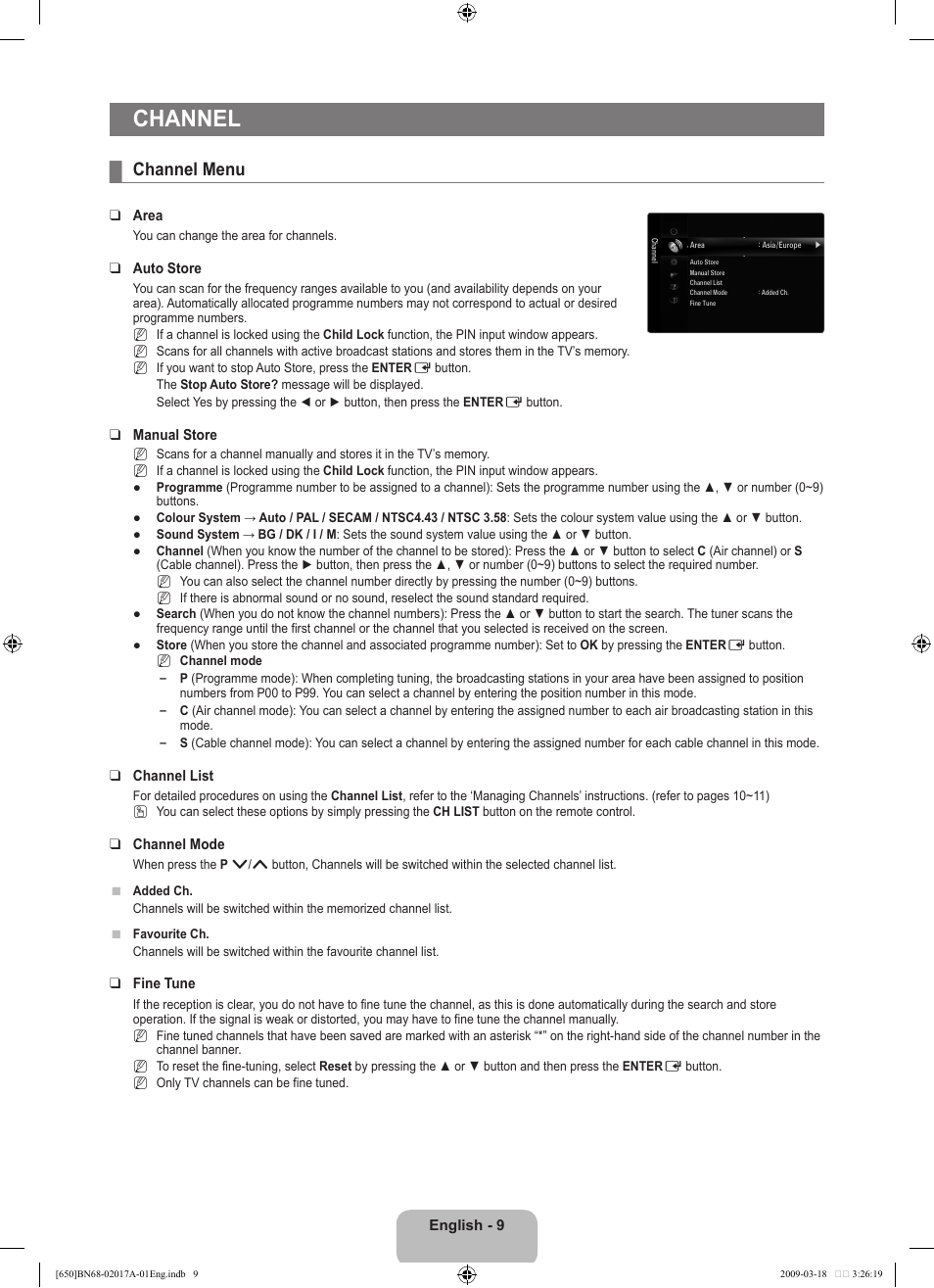 Channel, Channel menu | Samsung BN68-02017A-01 User Manual | Page 11 / 83
