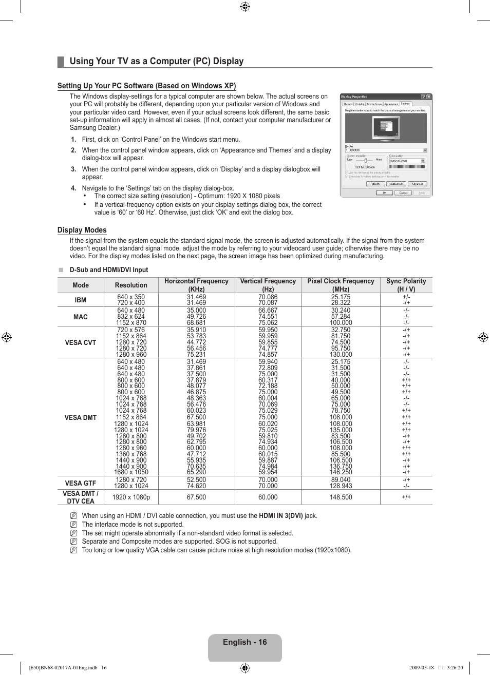 Using your tv as a computer (pc) display | Samsung BN68-02017A-01 User Manual | Page 18 / 83