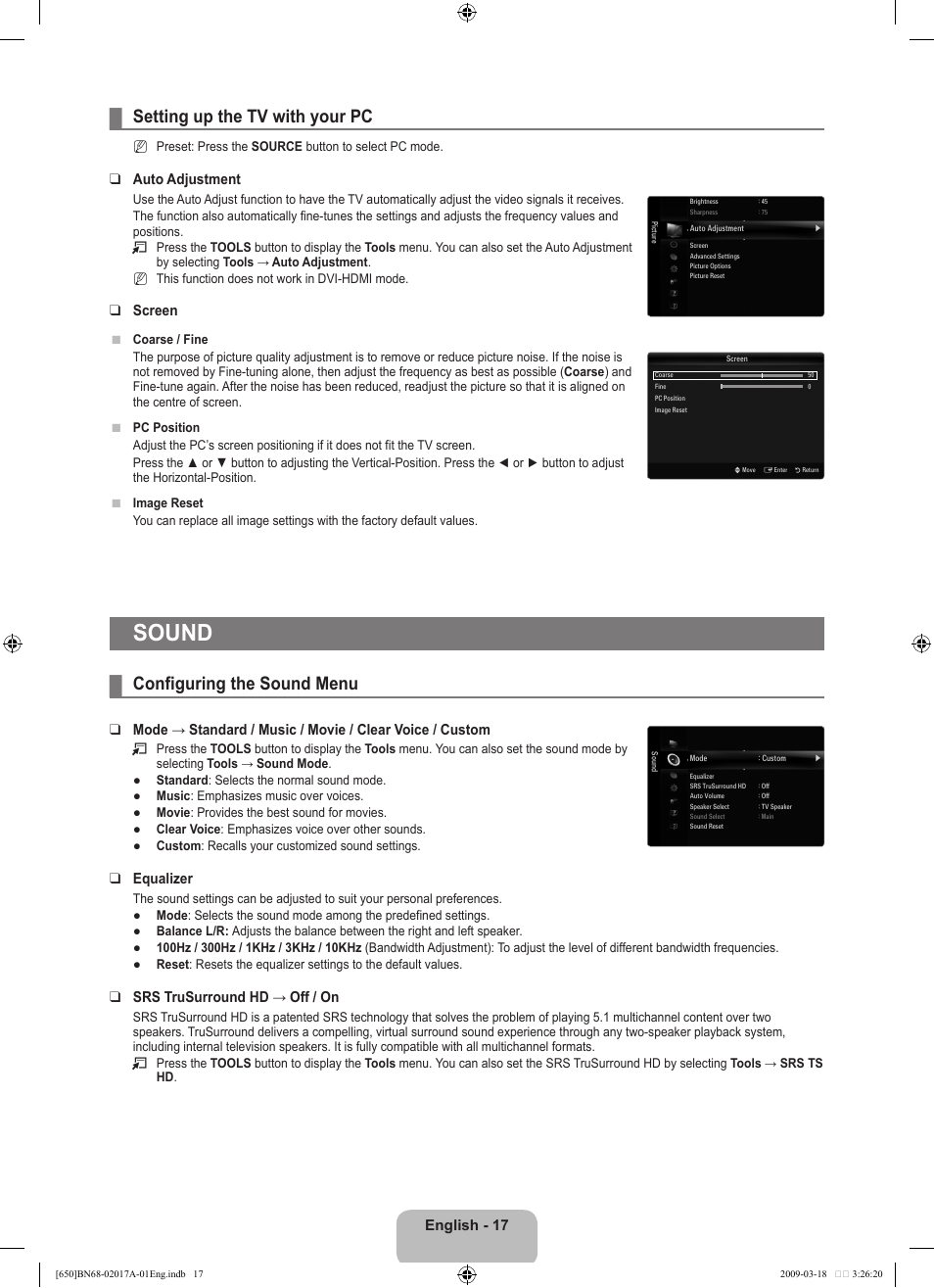 Sound, Setting up the tv with your pc, Configuring the sound menu | Samsung BN68-02017A-01 User Manual | Page 19 / 83