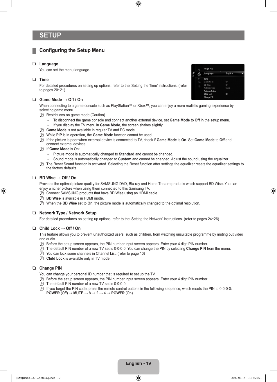 Setup, Configuring the setup menu | Samsung BN68-02017A-01 User Manual | Page 21 / 83