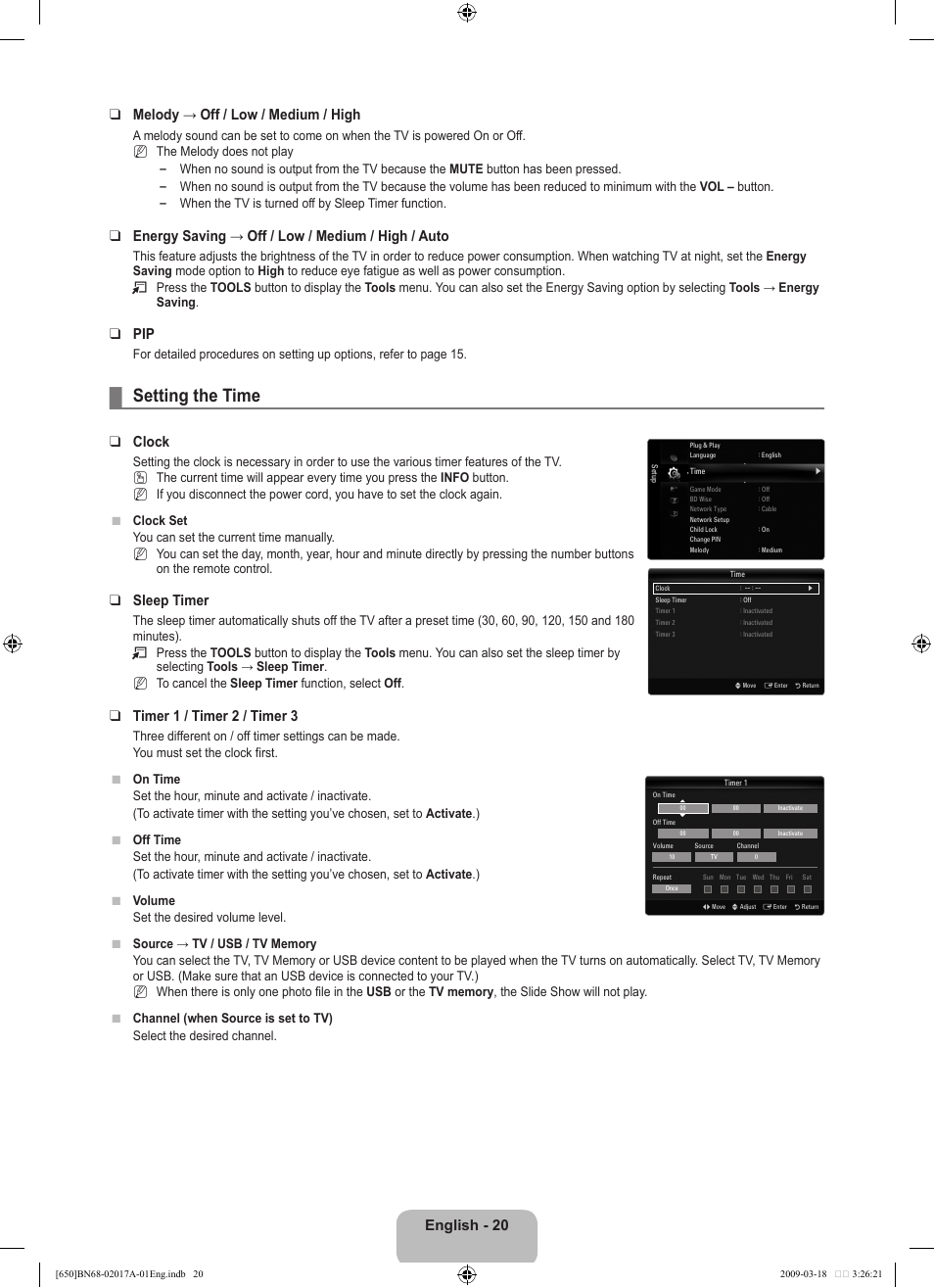 Setting the time, English - 0 melody → off / low / medium / high, Energy saving → off / low / medium / high / auto | Clock, Sleep timer, Timer  / timer  / timer | Samsung BN68-02017A-01 User Manual | Page 22 / 83