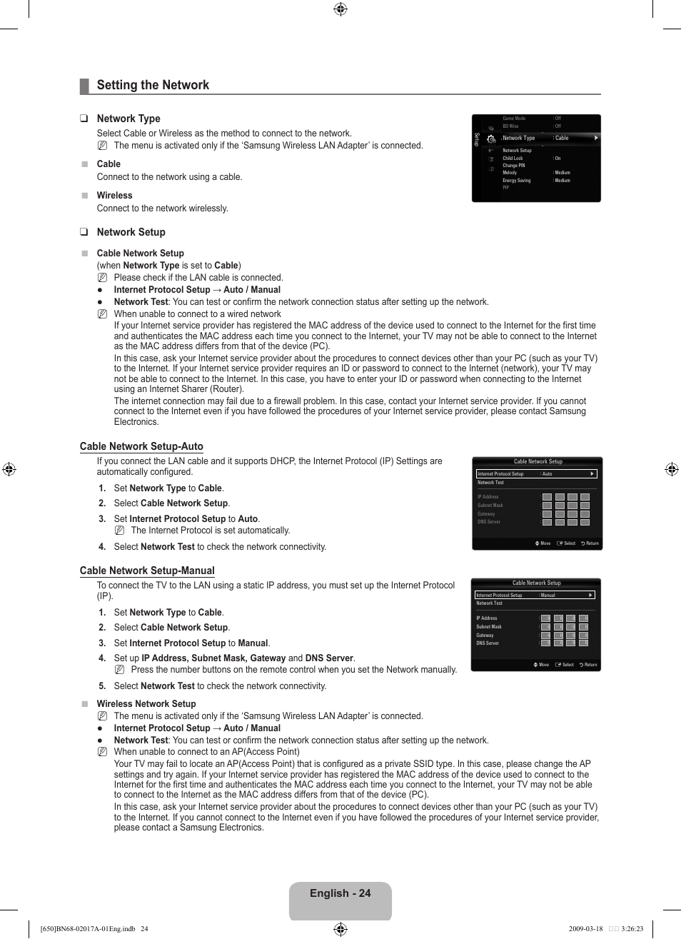 Setting the network, English, Network type | Network setup, Cable network setup-auto, Cable network setup-manual | Samsung BN68-02017A-01 User Manual | Page 26 / 83
