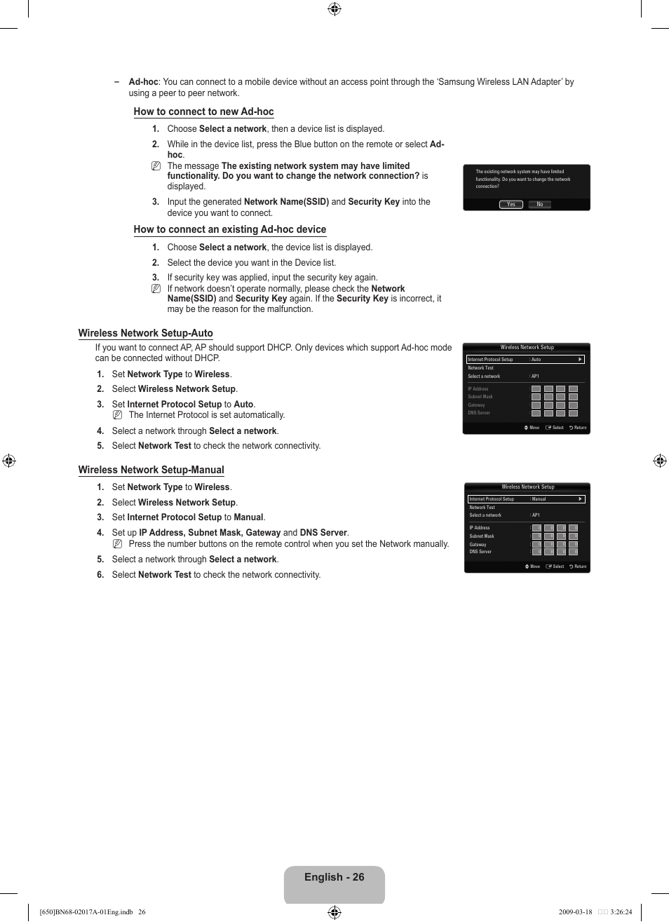 English, How to connect to new ad-hoc, How to connect an existing ad-hoc device | Wireless network setup-auto, Wireless network setup-manual | Samsung BN68-02017A-01 User Manual | Page 28 / 83