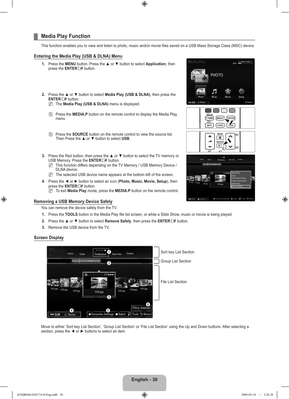 Media play function, English - 0, Entering the media play (usb & dlna) menu | Screen display, Photo | Samsung BN68-02017A-01 User Manual | Page 32 / 83