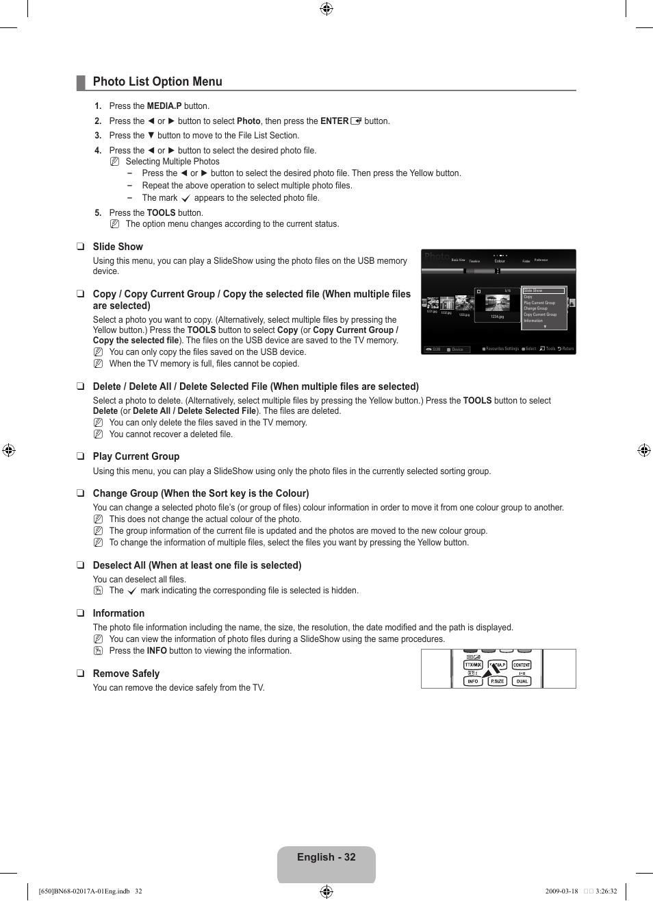Photo list option menu, English, Slide show | Play current group, Change group (when the sort key is the colour), Deselect all (when at least one file is selected), Information, Remove safely | Samsung BN68-02017A-01 User Manual | Page 34 / 83