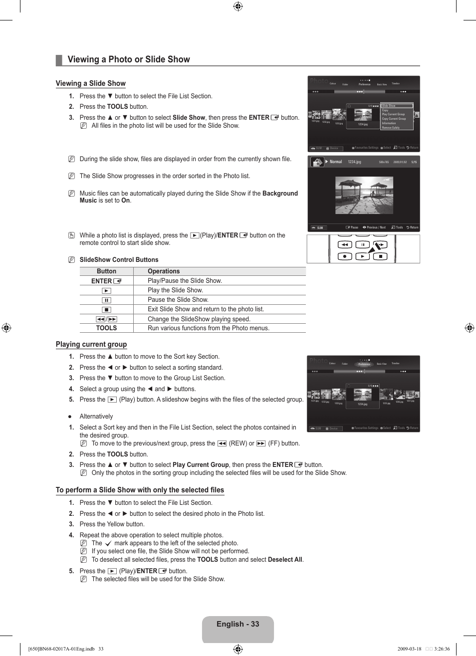 Viewing a photo or slide show, English, Viewing a slide show | Playing current group | Samsung BN68-02017A-01 User Manual | Page 35 / 83