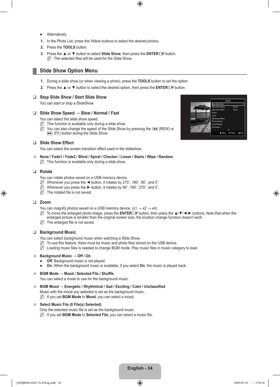 Slide show option menu | Samsung BN68-02017A-01 User Manual | Page 36 / 83