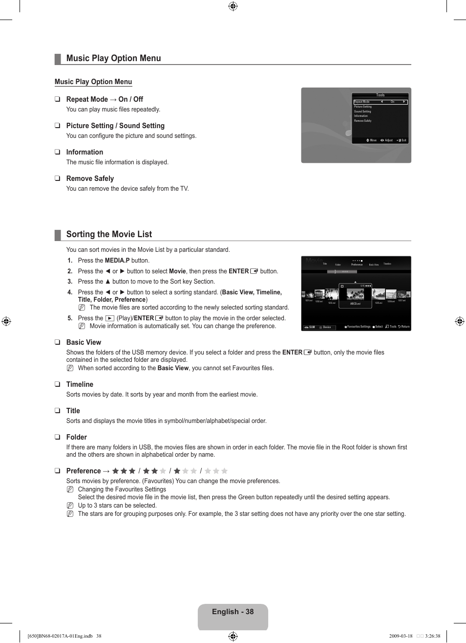 Music play option menu, Sorting the movie list | Samsung BN68-02017A-01 User Manual | Page 40 / 83