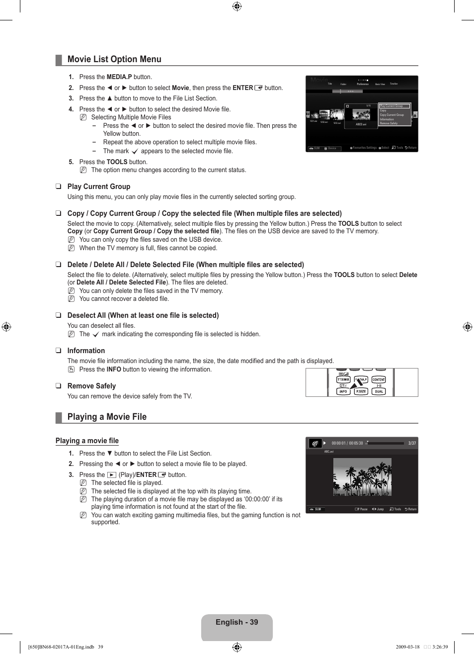 Movie list option menu, Playing a movie file, English | Play current group, Deselect all (when at least one file is selected), Information, Remove safely | Samsung BN68-02017A-01 User Manual | Page 41 / 83
