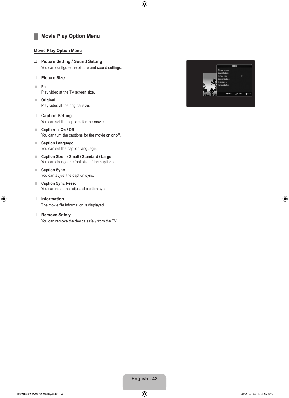 Movie play option menu | Samsung BN68-02017A-01 User Manual | Page 44 / 83