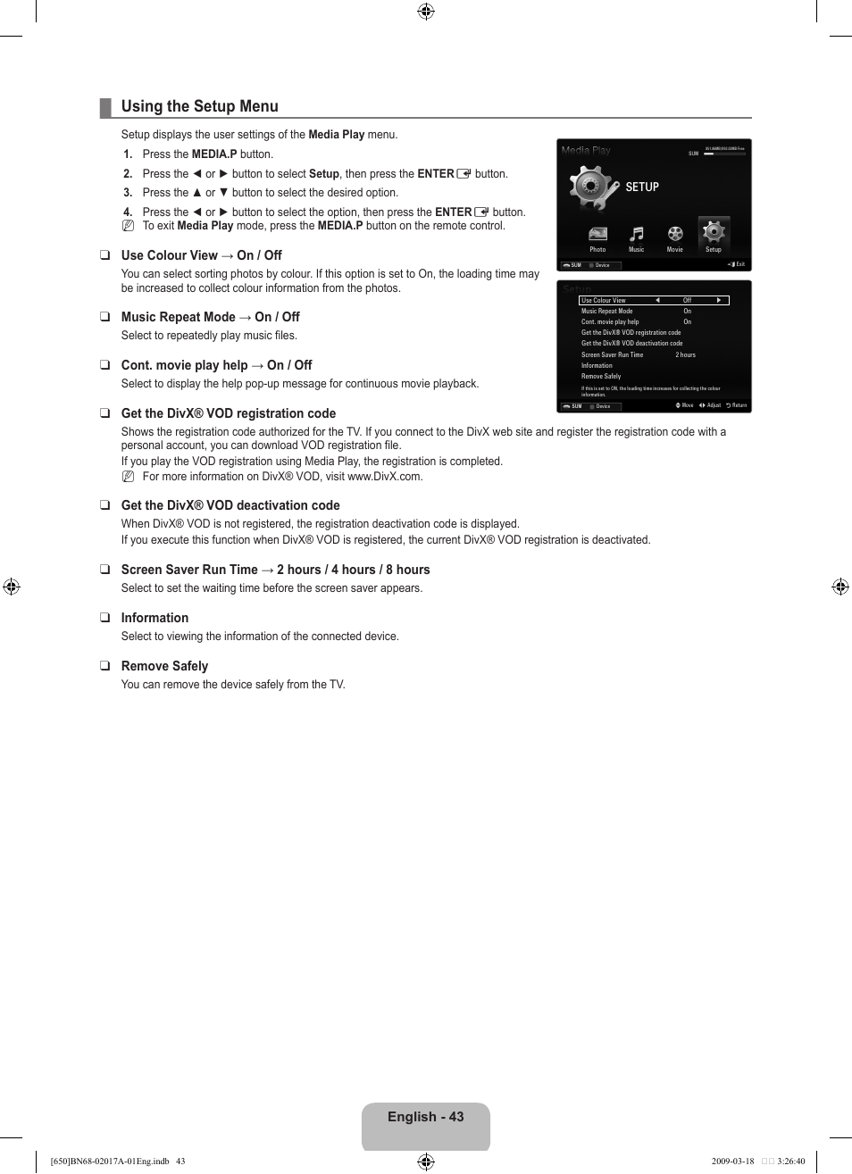 Using the setup menu, English, Use colour view → on / off | Music repeat mode → on / off, Cont. movie play help → on / off, Get the divx® vod registration code, Get the divx® vod deactivation code, Information, Remove safely | Samsung BN68-02017A-01 User Manual | Page 45 / 83