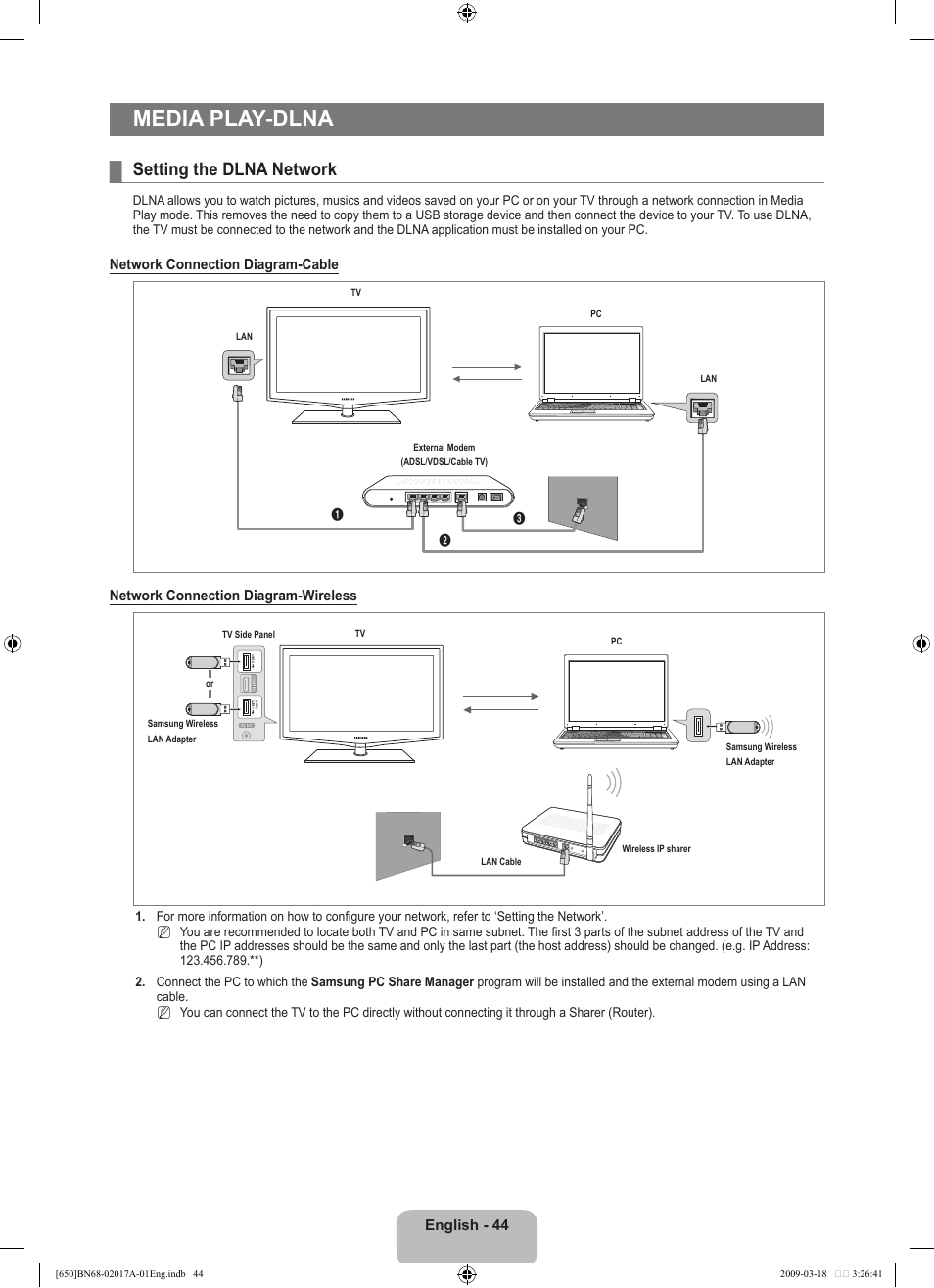 Media play-dlna, Setting the dlna network | Samsung BN68-02017A-01 User Manual | Page 46 / 83