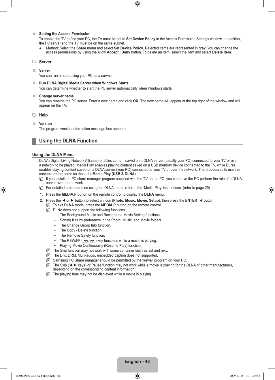 Using the dlna function | Samsung BN68-02017A-01 User Manual | Page 50 / 83