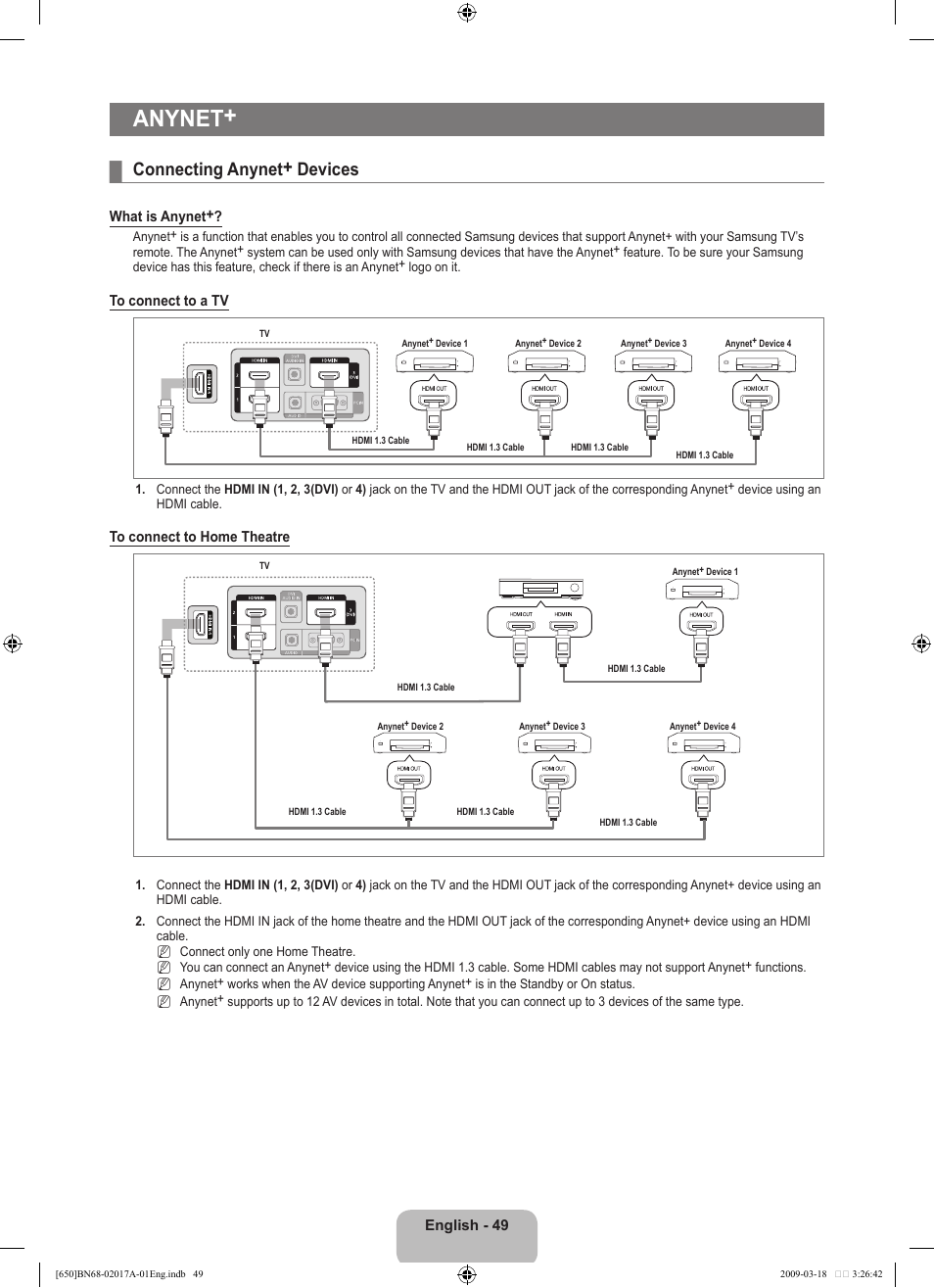 Anynet, Connecting anynet+ devices | Samsung BN68-02017A-01 User Manual | Page 51 / 83