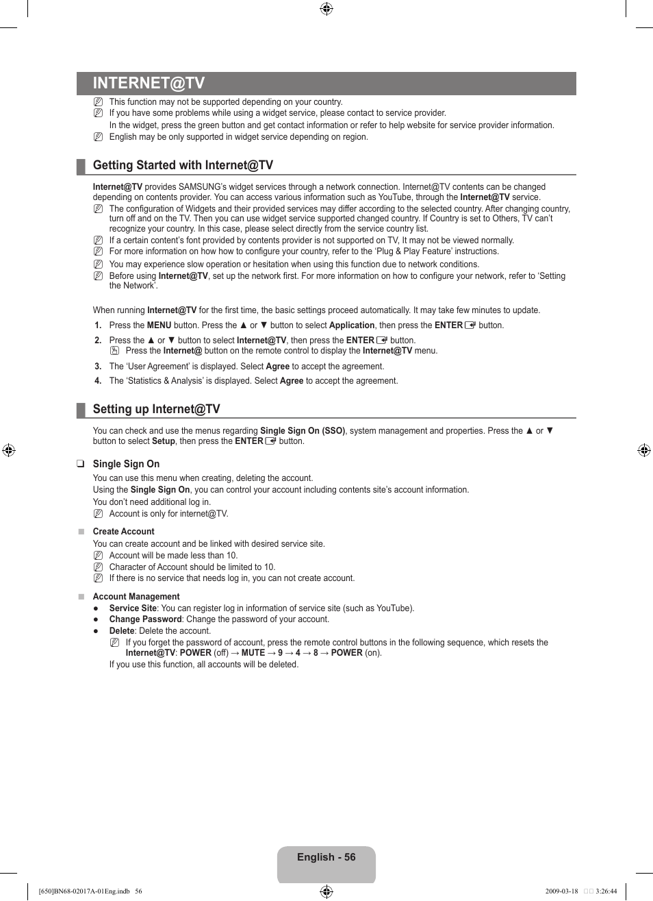Internet@tv, Getting started with internet@tv, Setting up internet@tv | Samsung BN68-02017A-01 User Manual | Page 58 / 83
