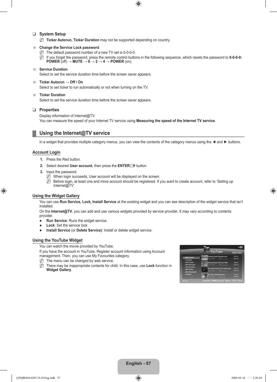 Using the internet@tv service, English -  system setup, Properties | Account login, Using the widget gallery, Using the youtube widget | Samsung BN68-02017A-01 User Manual | Page 59 / 83