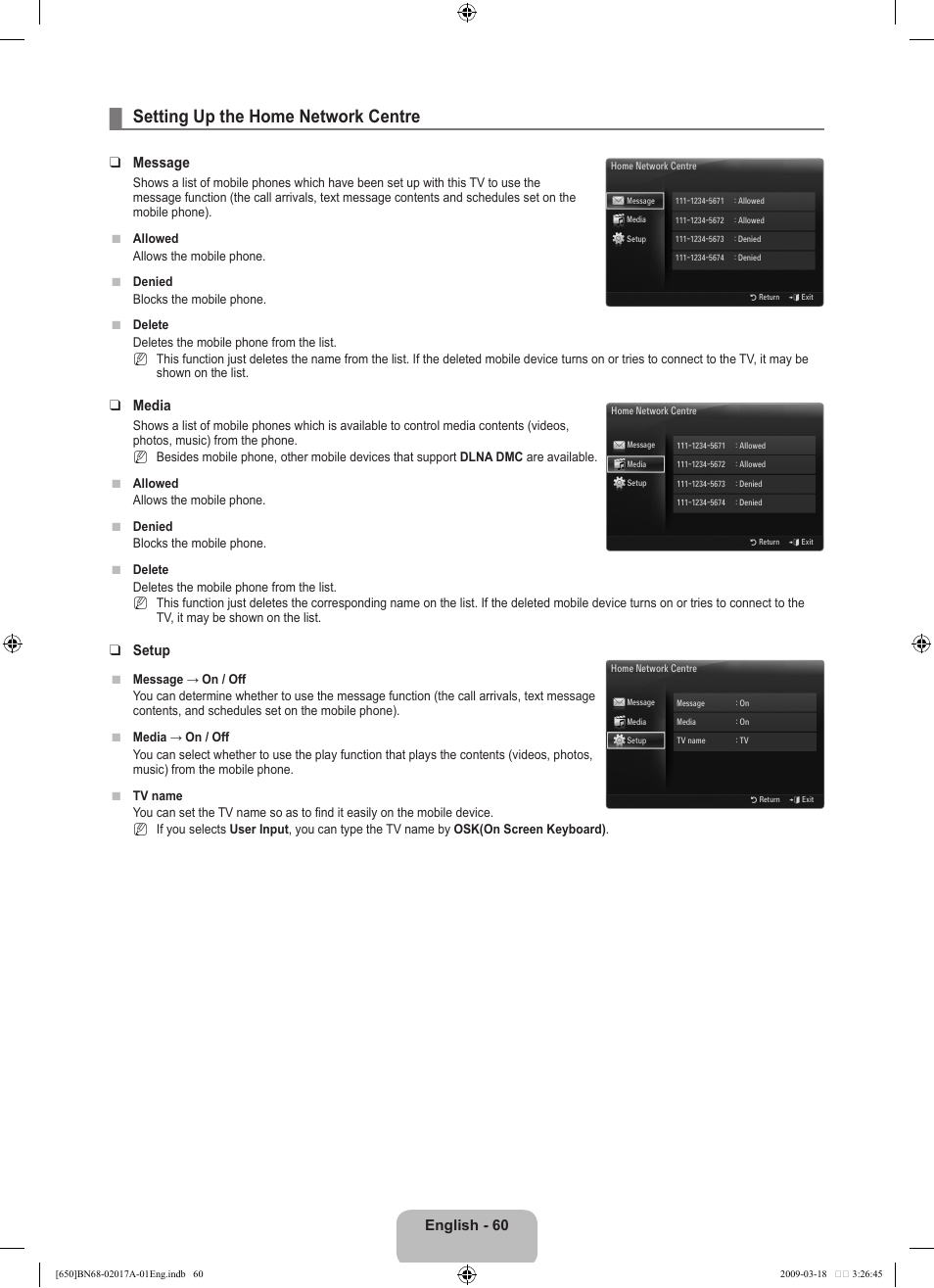 Setting up the home network centre, English - 0, Message | Media, Setup | Samsung BN68-02017A-01 User Manual | Page 62 / 83