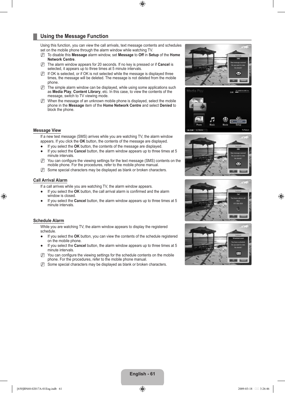 Using the message function, English, Message view | Call arrival alarm, Schedule alarm | Samsung BN68-02017A-01 User Manual | Page 63 / 83