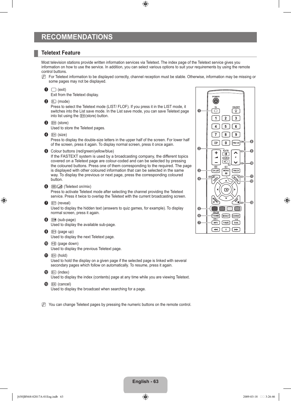 Recommendations, Teletext feature | Samsung BN68-02017A-01 User Manual | Page 65 / 83