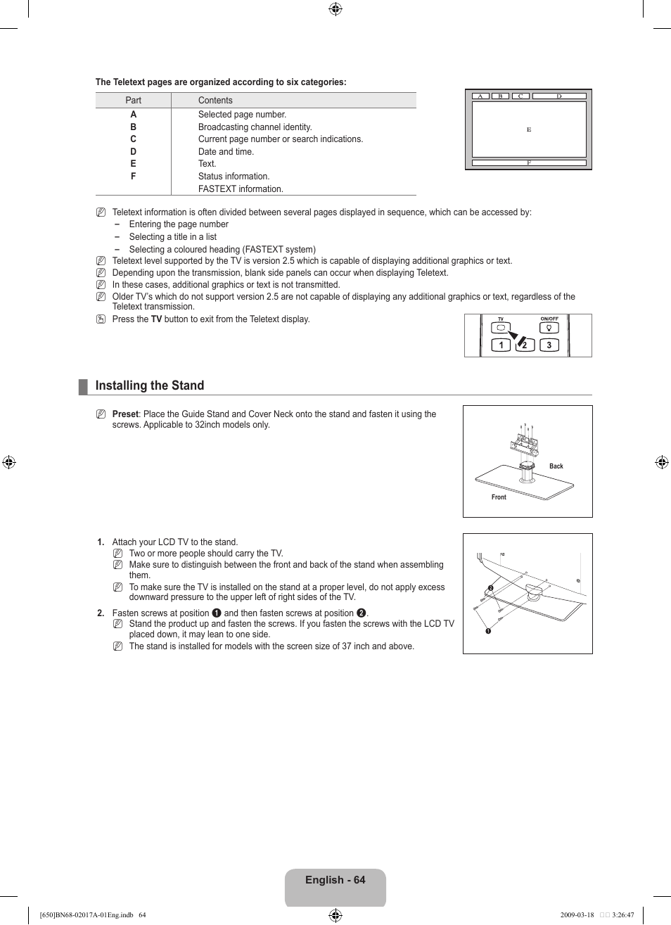 Installing the stand | Samsung BN68-02017A-01 User Manual | Page 66 / 83