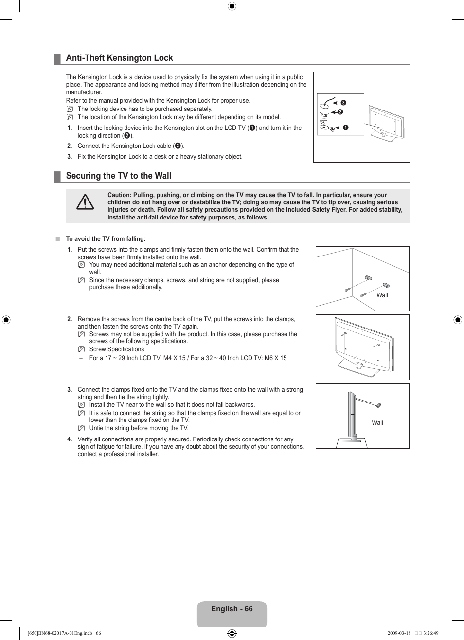 Anti-theft kensington lock, Securing the tv to the wall | Samsung BN68-02017A-01 User Manual | Page 68 / 83