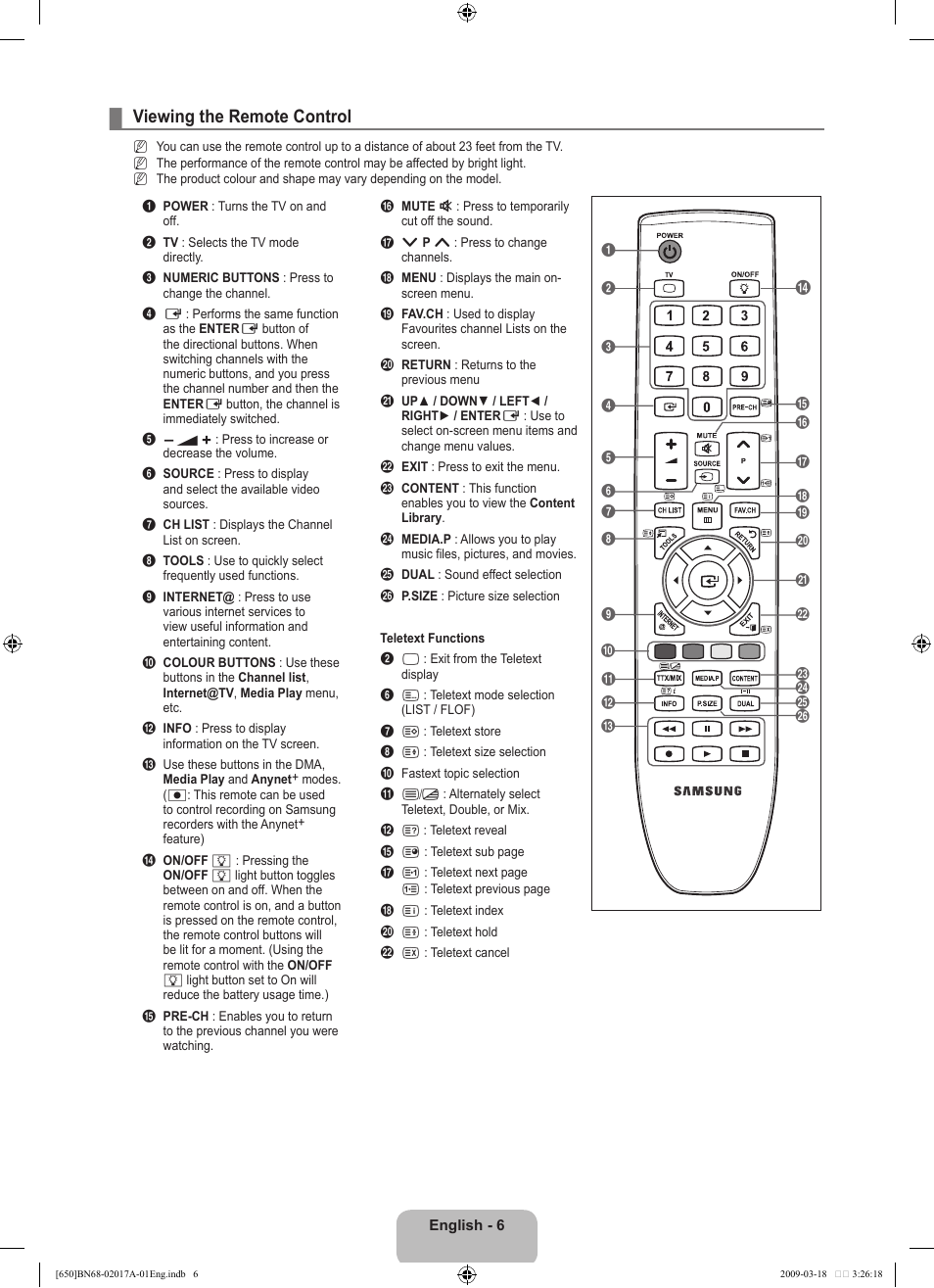 Viewing the remote control | Samsung BN68-02017A-01 User Manual | Page 8 / 83