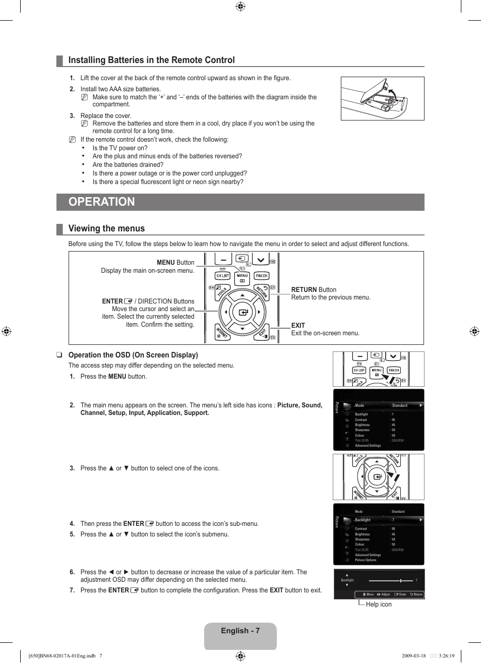 Operation, Installing batteries in the remote control, Viewing the menus | English, Operation the osd (on screen display) | Samsung BN68-02017A-01 User Manual | Page 9 / 83
