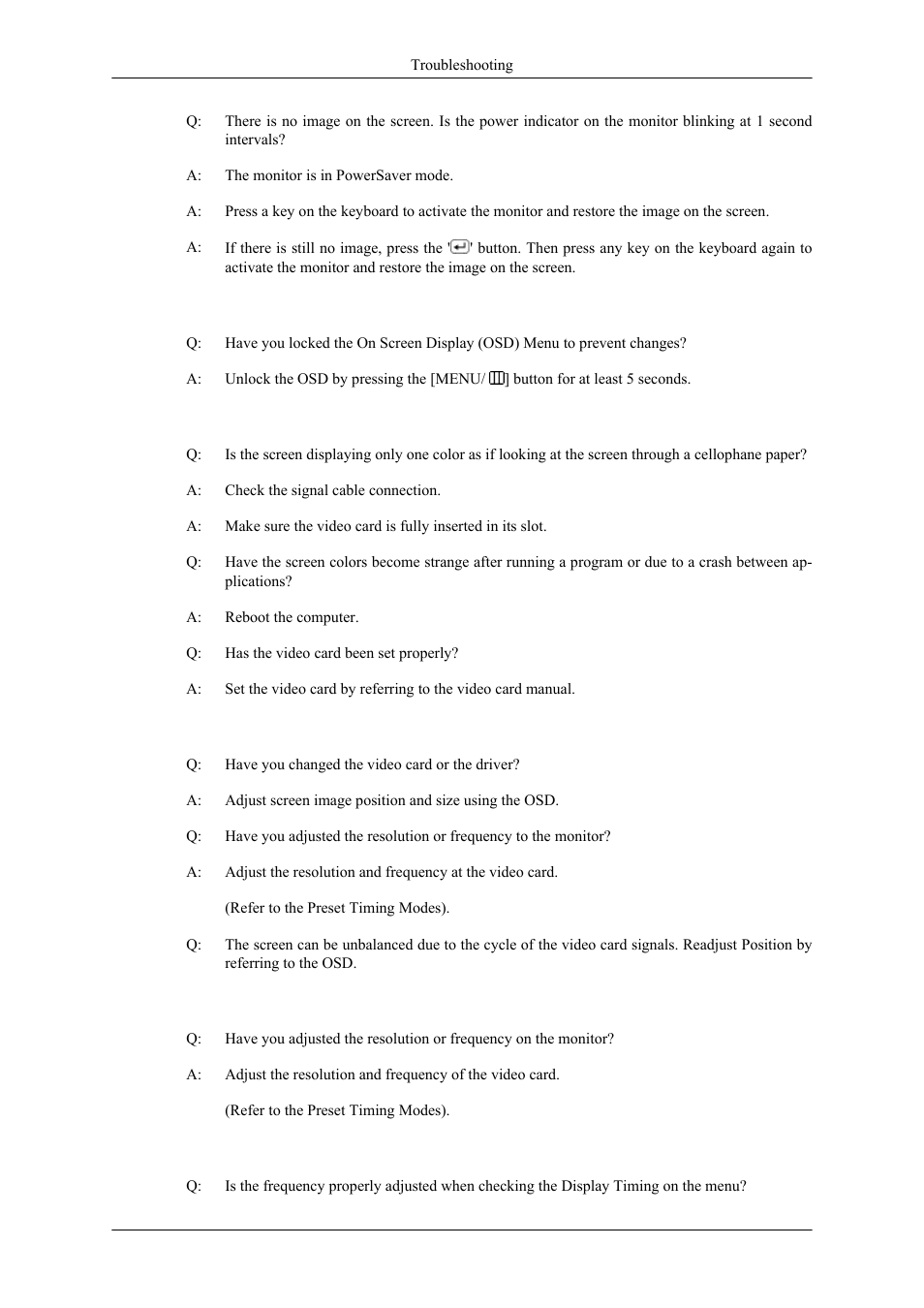 I cannot see the on screen display, The screen suddenly has become unbalanced, Led is blinking but no images on the screen | Samsung 2443NWX User Manual | Page 13 / 16