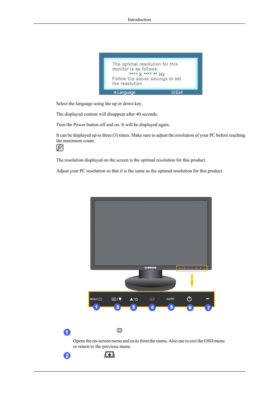 Your monitor, Initial settings, Front | Samsung 2443NWX User Manual | Page 4 / 16