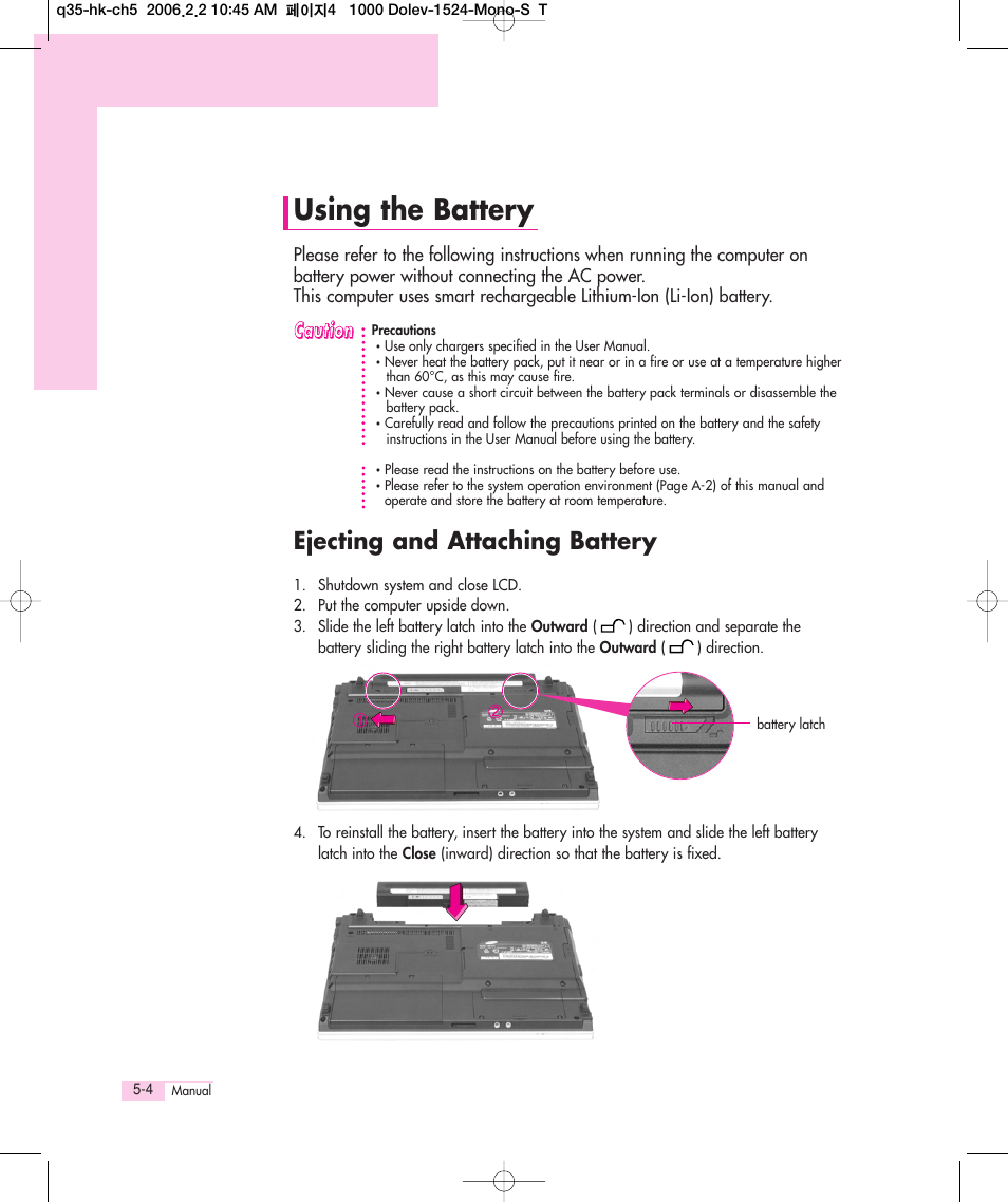 Using the battery, Ejecting and attaching battery | Samsung Q35 User Manual | Page 100 / 157