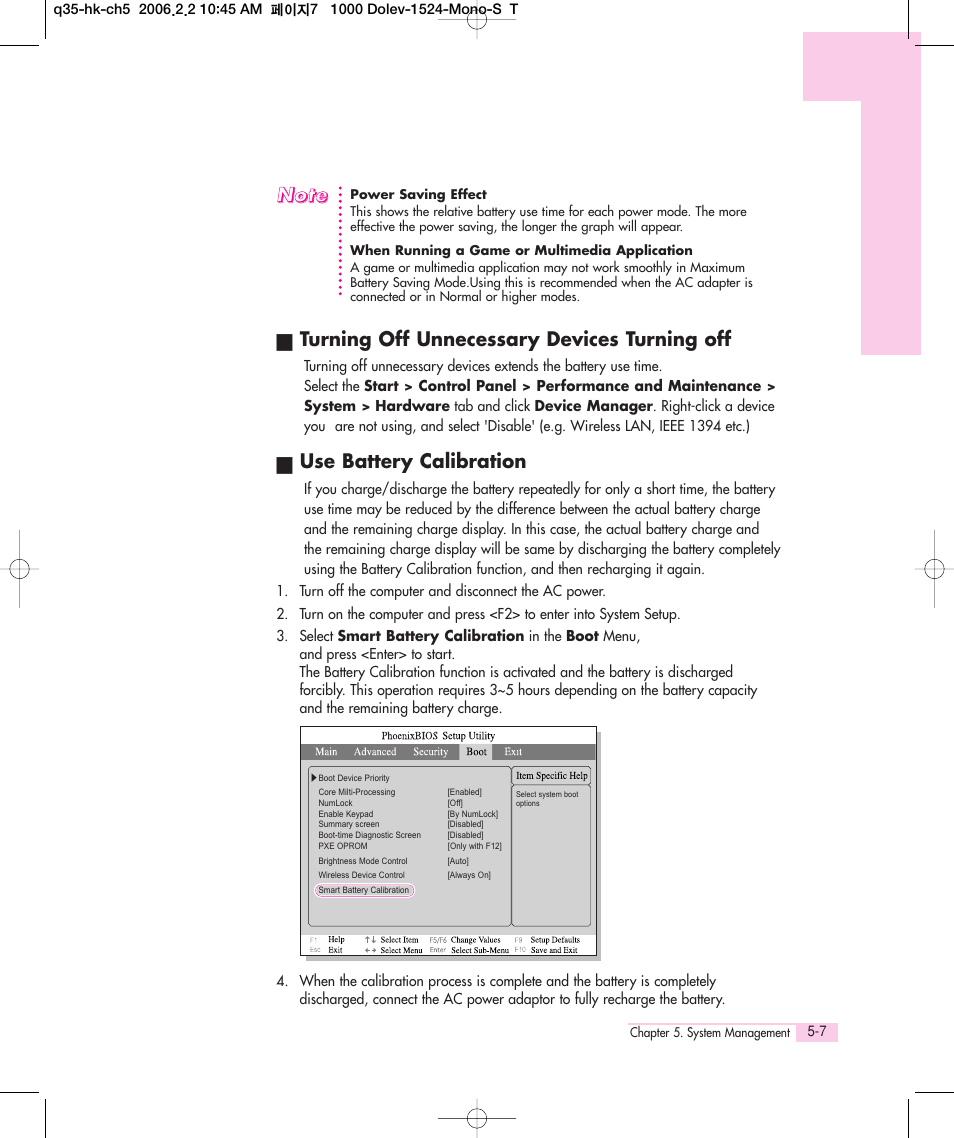 Turning off unnecessary devices turning off, Use battery calibration | Samsung Q35 User Manual | Page 103 / 157