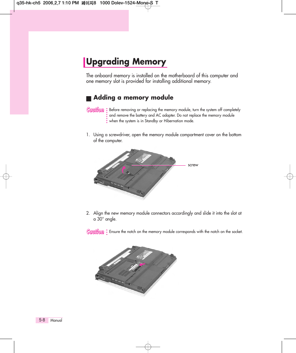 Upgrading memory | Samsung Q35 User Manual | Page 104 / 157