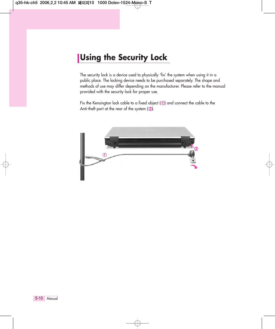 Using the security lock | Samsung Q35 User Manual | Page 106 / 157
