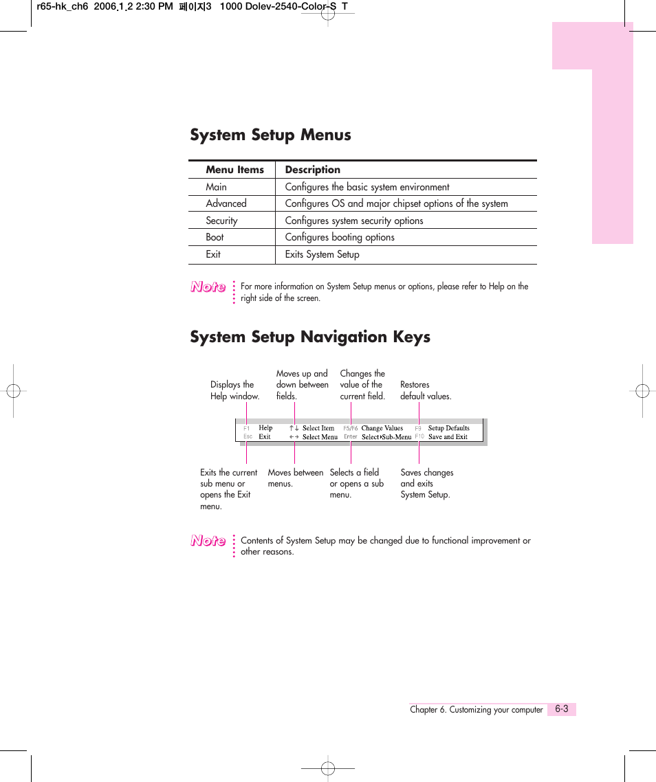 System setup menus, System setup navigation keys | Samsung Q35 User Manual | Page 111 / 157