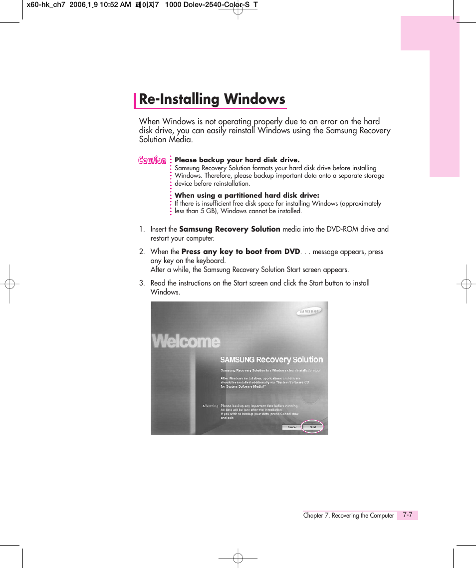 Re-installing windows | Samsung Q35 User Manual | Page 127 / 157
