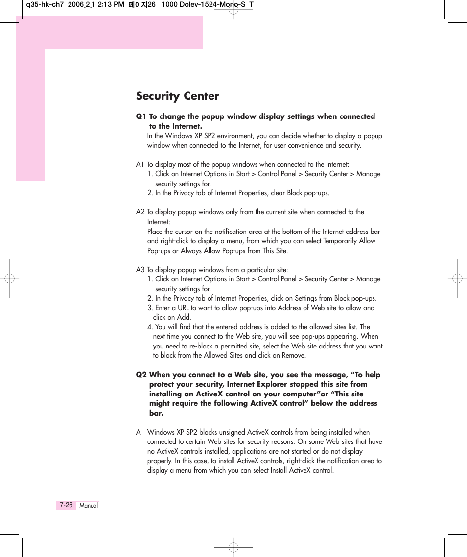 Security center | Samsung Q35 User Manual | Page 146 / 157