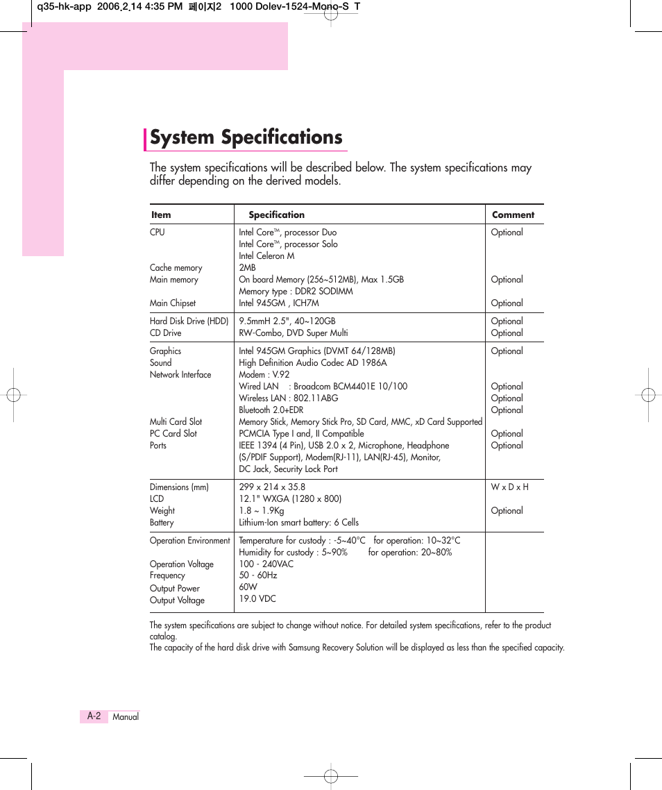 System specifications | Samsung Q35 User Manual | Page 150 / 157