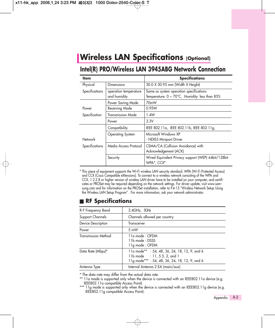 Wireless lan specifications, Rf specifications | Samsung Q35 User Manual | Page 151 / 157