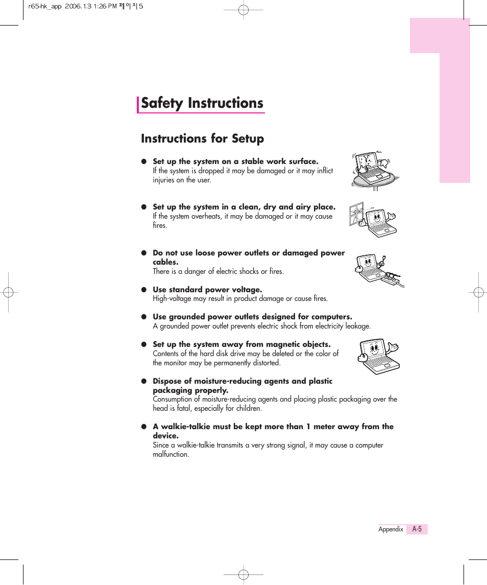 Safety instructions, Instructions for setup | Samsung Q35 User Manual | Page 153 / 157
