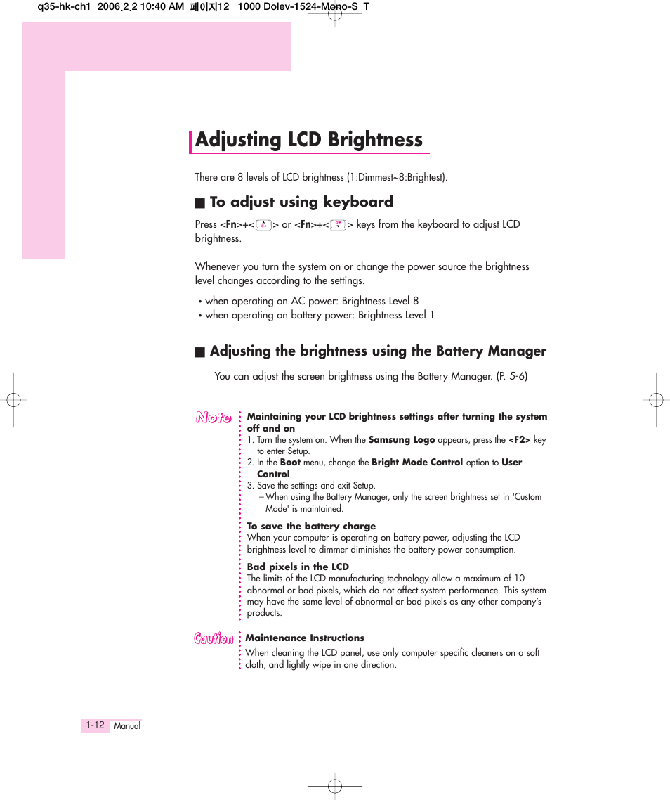 Adjusting lcd brightness | Samsung Q35 User Manual | Page 16 / 157